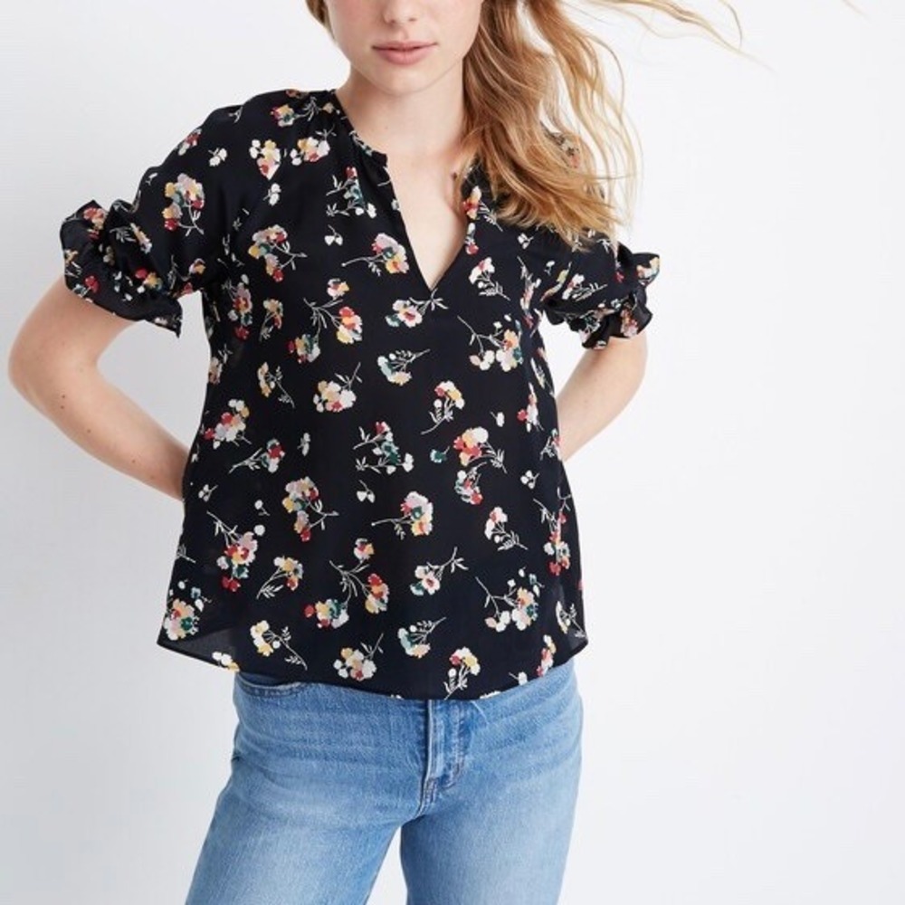 New Madewell Black Carnation‎ Toss Print Silk Notched Ruffle-Cuff Top XS